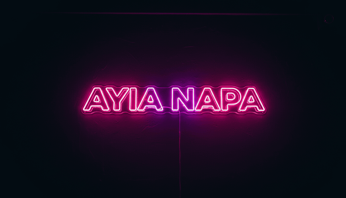 Custom LED neon sign reading AYIA NAPA in bold uppercase font, glowing hot pink and electric purple on dark wall — handcrafted by LASERCRAFTCY