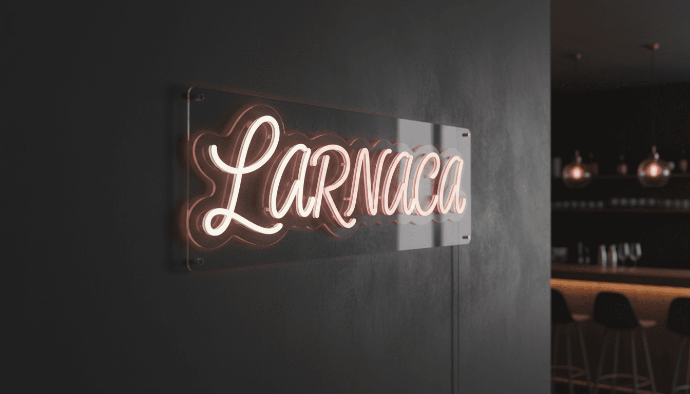 Custom LED neon sign reading LARNACA in flowing handwritten script, glowing warm white and pink on a dark wall — handcrafted by LASERCRAFTCY