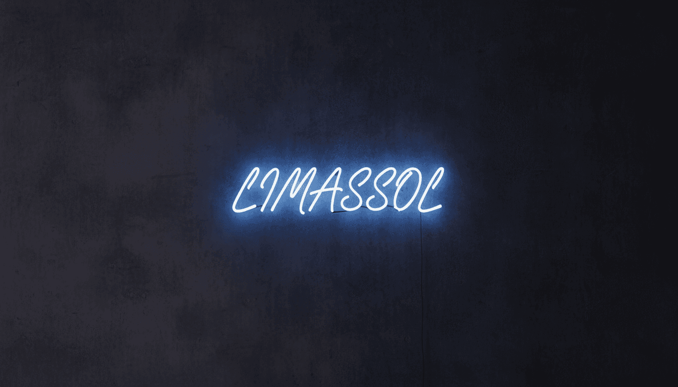 Custom LED neon sign reading LIMASSOL in elegant cursive, glowing blue-white on a dark wall — handcrafted by LASERCRAFTCY